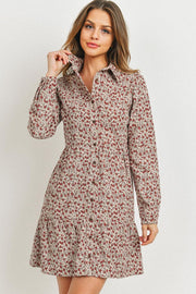 Taupe Multi Corduroy Printed Button Down Front Collar Dress