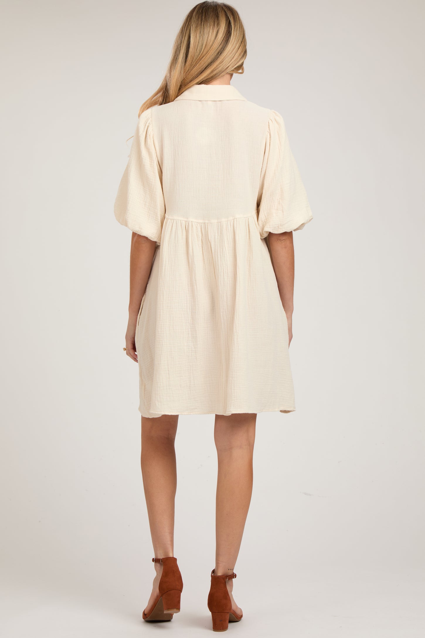 Cream Button Down Bubble Sleeve Collared Maternity Dress