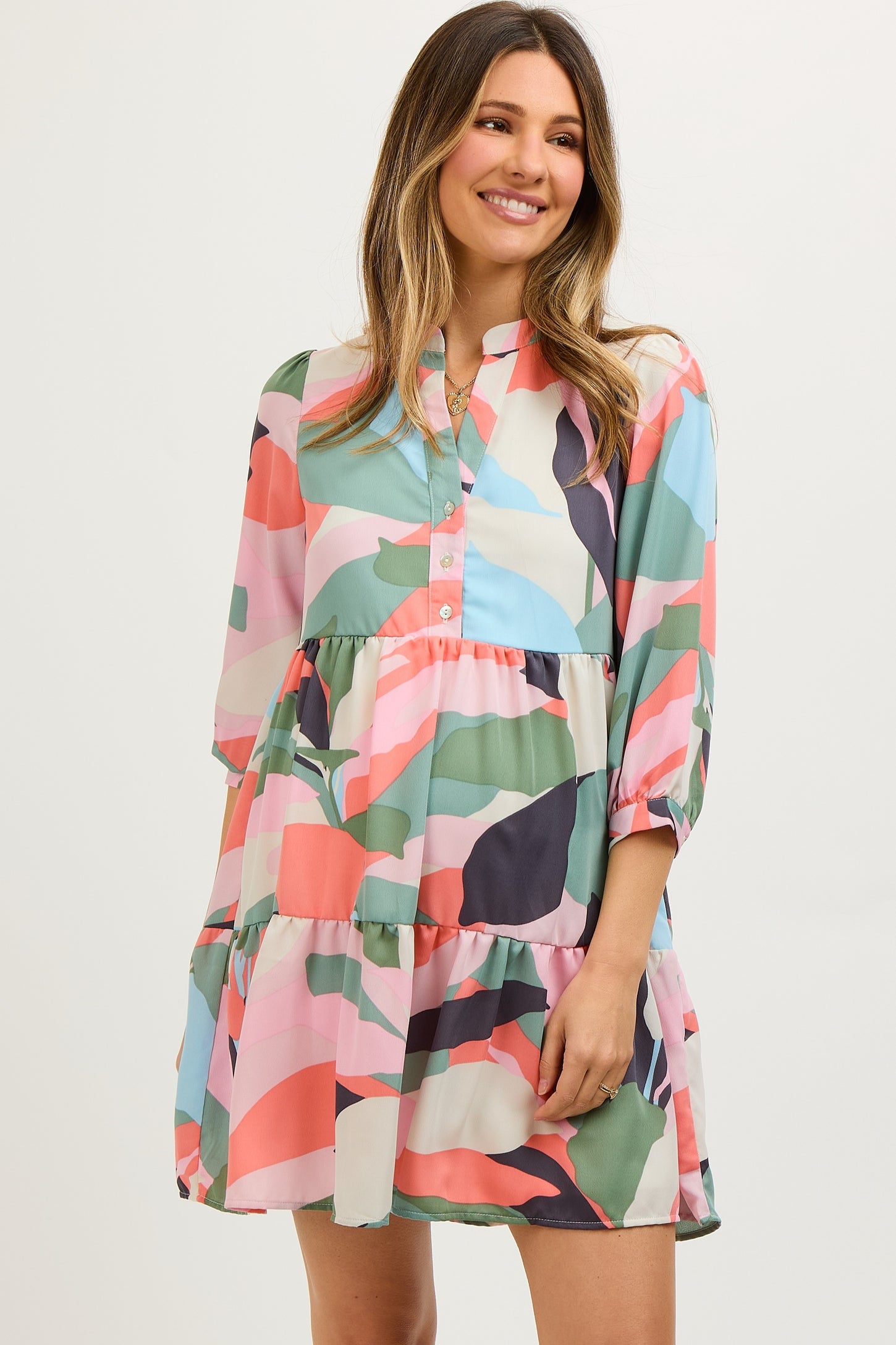 Multicolor Print Front Button Maternity Dress