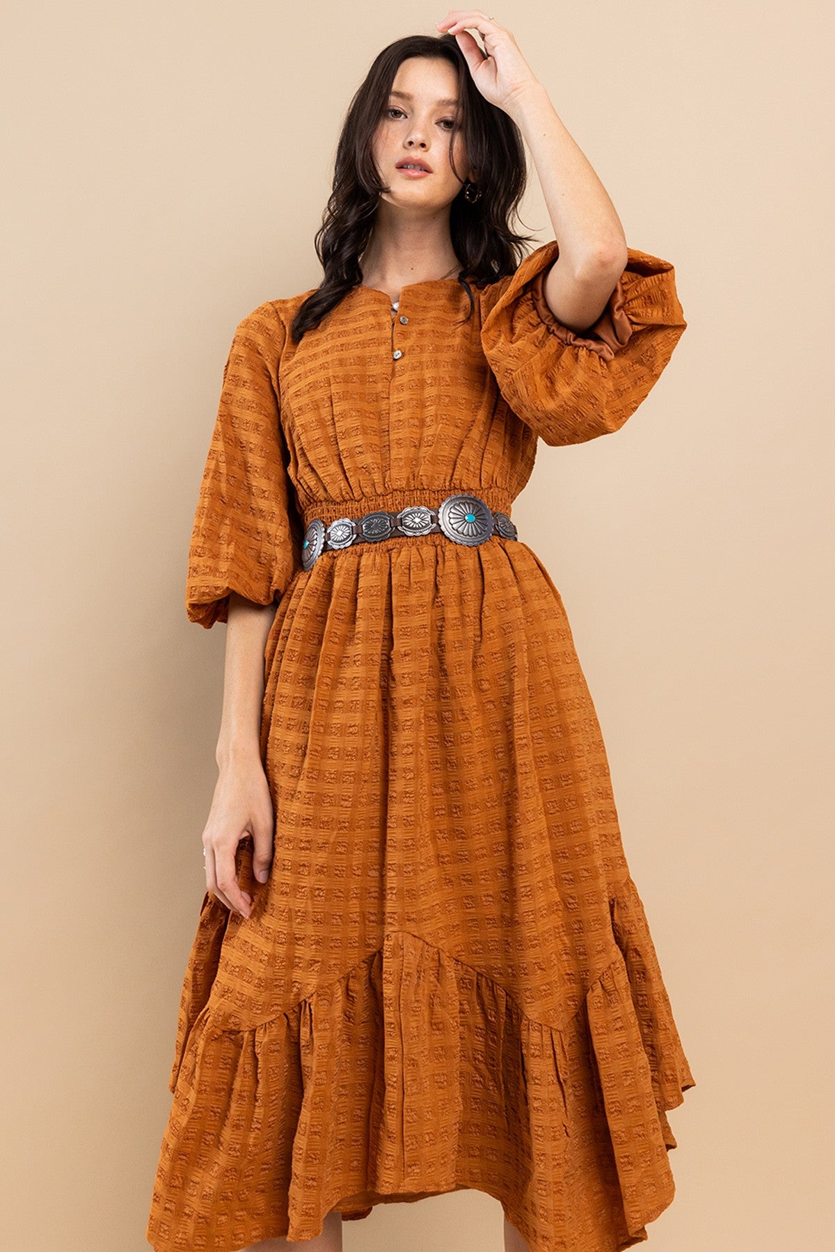 Camel Textured Fabric Tiered Midi Dress