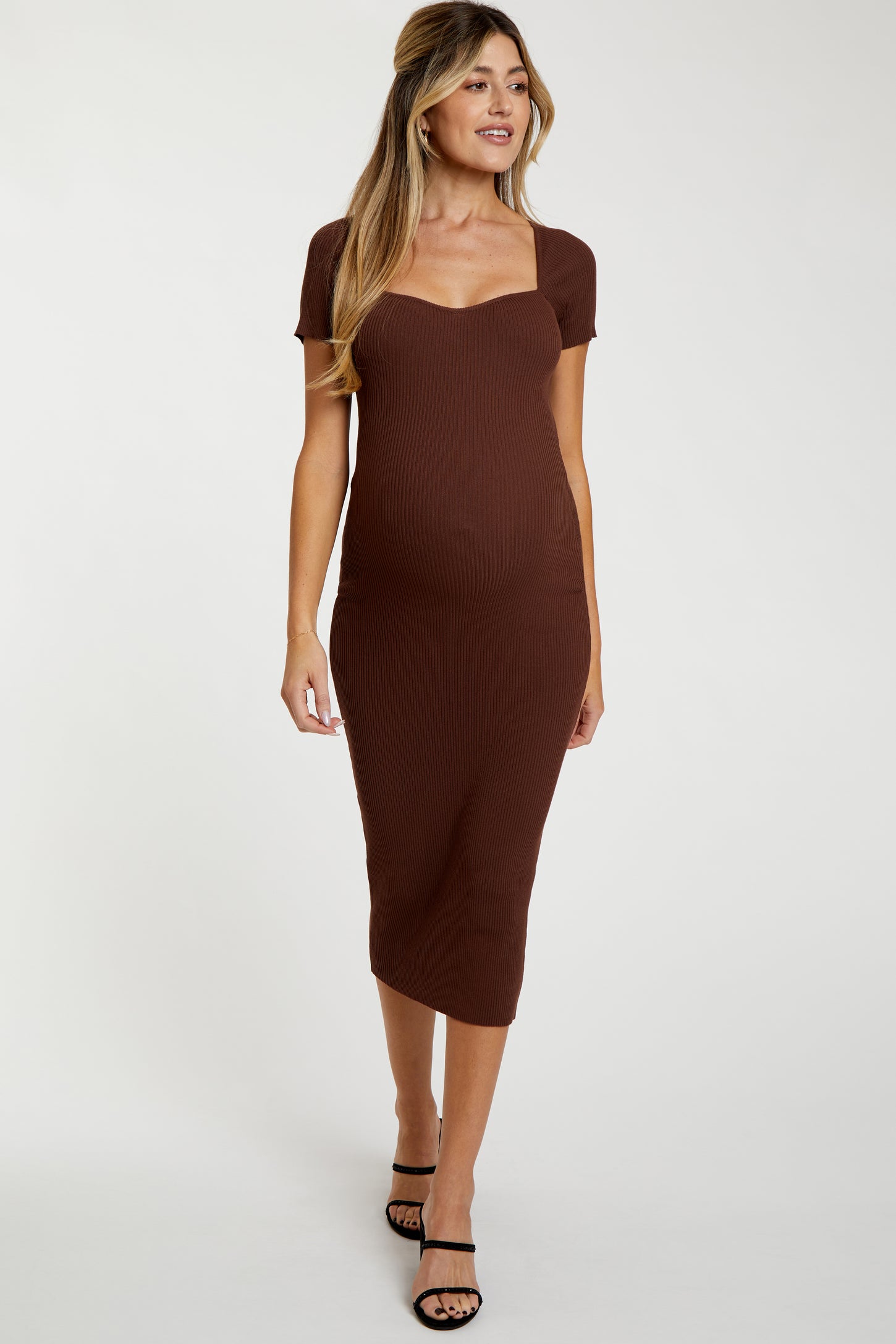 Brown Ribbed Maternity Midi Dress
