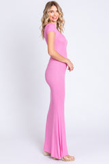 Pink Ribbed Scoop Neck Maxi Dress