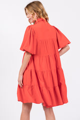 Coral Red Puff Sleeve Mini Shirt Dress