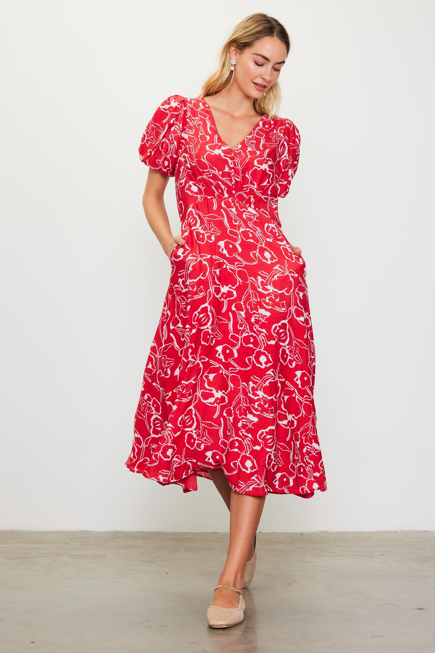 Red Floral Button Front Short Sleeve Maternity Midi Dress