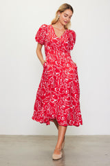 Red Floral Button Front Short Sleeve Midi Dress