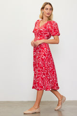 Red Floral Button Front Short Sleeve Midi Dress