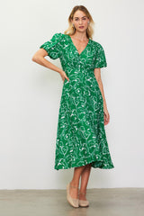 Green Floral Button Front Short Sleeve Maternity Midi Dress