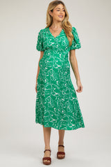 Green Floral Button Front Short Sleeve Maternity Midi Dress