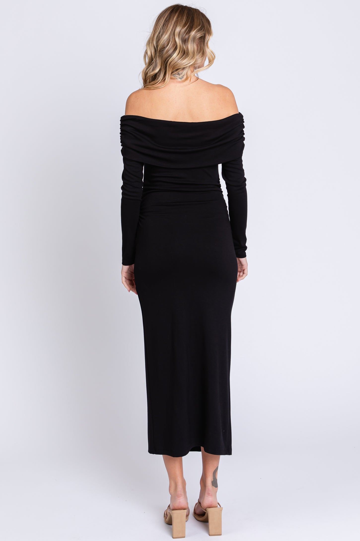 Black Foldover Off Shoulder Front Slit Midi Dress
