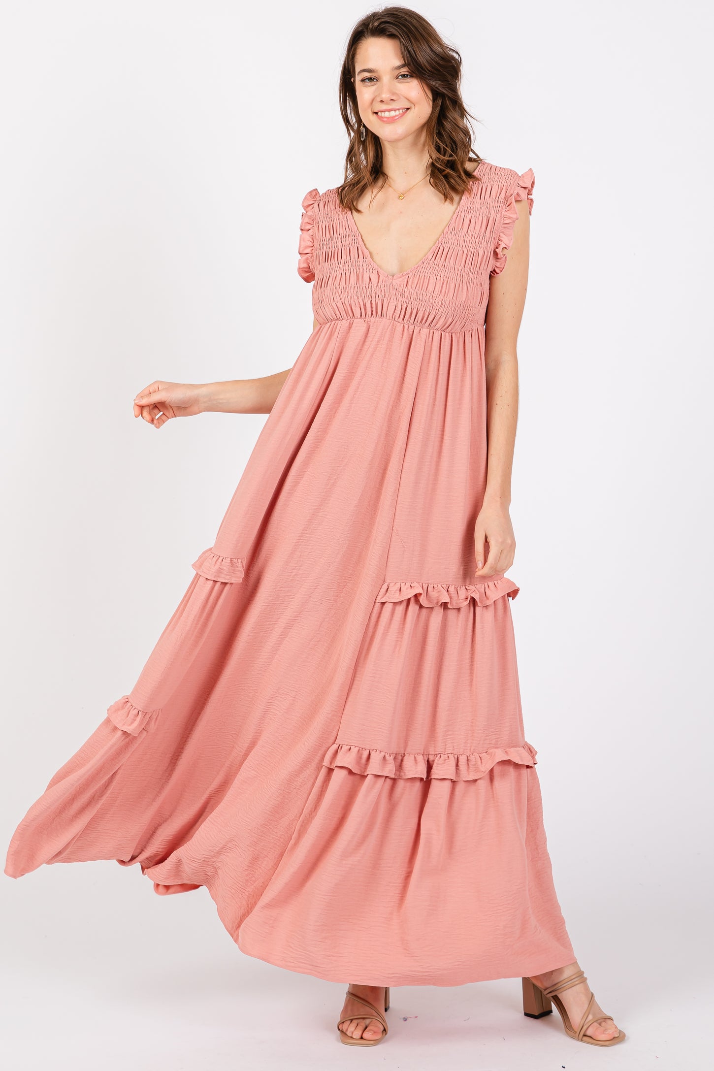 Mauve Smocked Ruffle V-Neck Maternity Maxi Dress