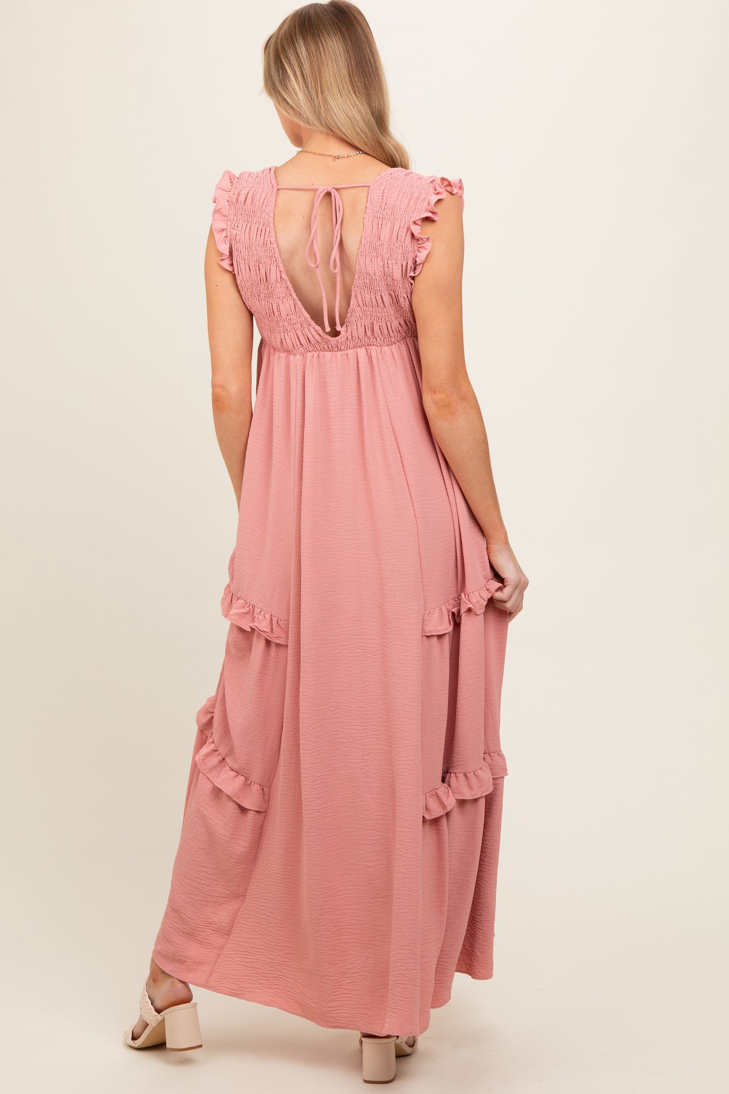 Mauve Smocked Ruffle V-Neck Maternity Maxi Dress