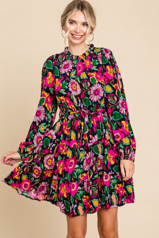 Navy Floral Ruffle Mock Neck Long Sleeve Maternity Dress