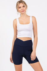 Navy Ribbed Crisscross Maternity Biker Shorts