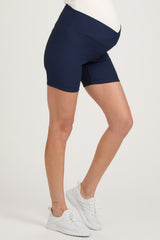 Navy Ribbed Crisscross Maternity Biker Shorts