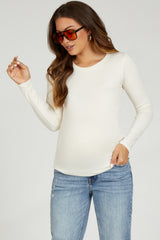 Beige Knit Long Sleeve Round Hem Maternity Top