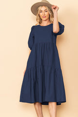 Navy Poplin Tiered Midi Dress