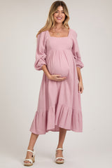 Pink Gauze Square Neck Long Sleeve Maternity Midi Dress