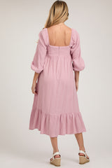 Pink Gauze Square Neck Long Sleeve Maternity Midi Dress
