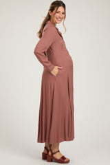 Rust Collared Button Down Long Sleeve Maternity Maxi Dress