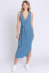 Blue Rib Knit Side Tie Maternity Midi Dress