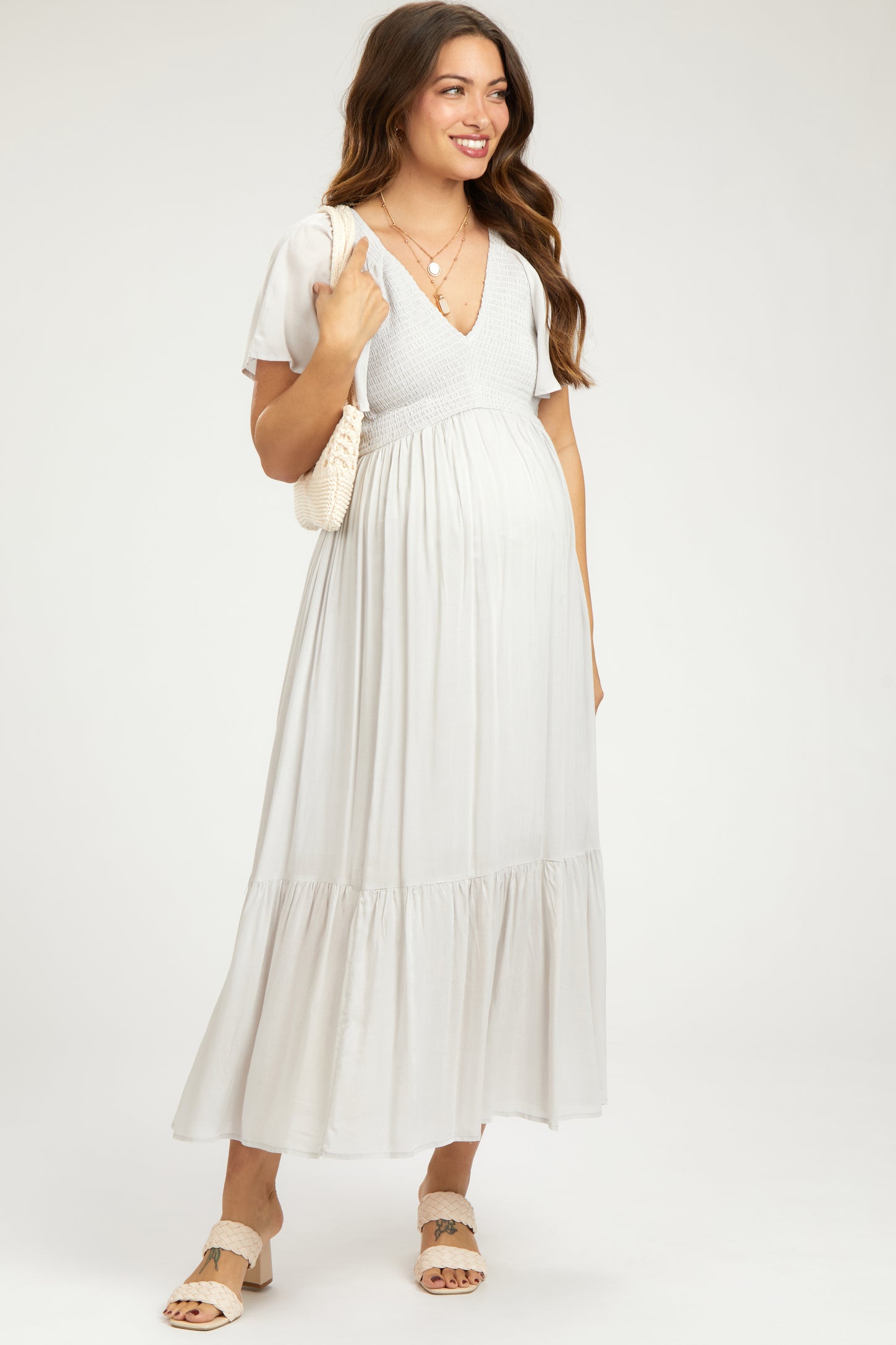 Gray Smocked Flutter Sleeve Maternity Midi Dress