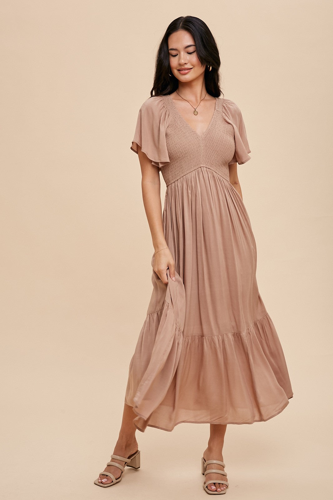 Taupe Smocked Flutter Sleeve Maternity Midi Dress