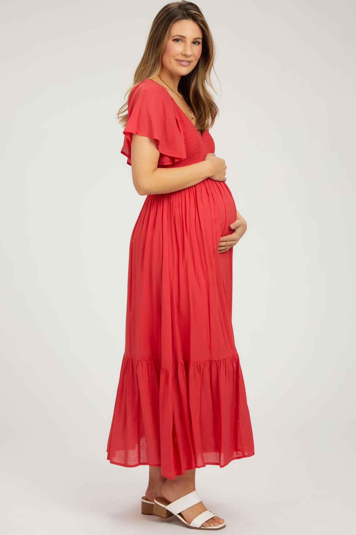 Red Smocked Flutter Sleeve Maternity Midi Dress