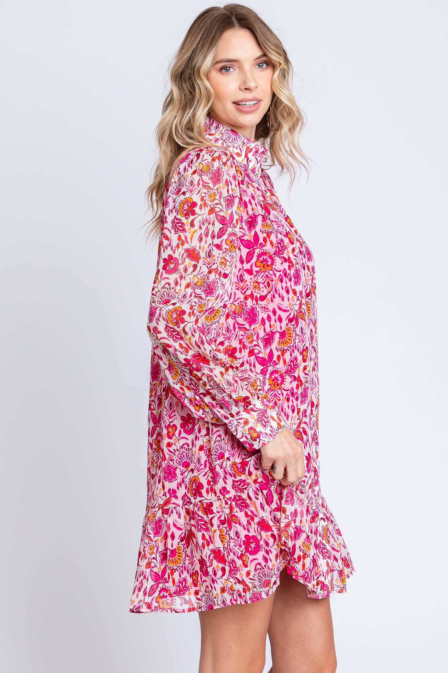 Magenta Floral Chiffon Mock Neck Button Front Dress