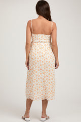 Orange Floral Textured Dot Square Neck Maternity Midi Dress