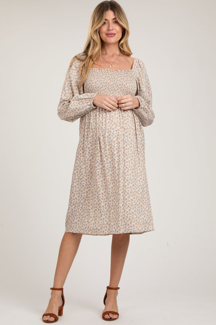 Beige Floral Print Long Sleeve Maternity Midi Dress