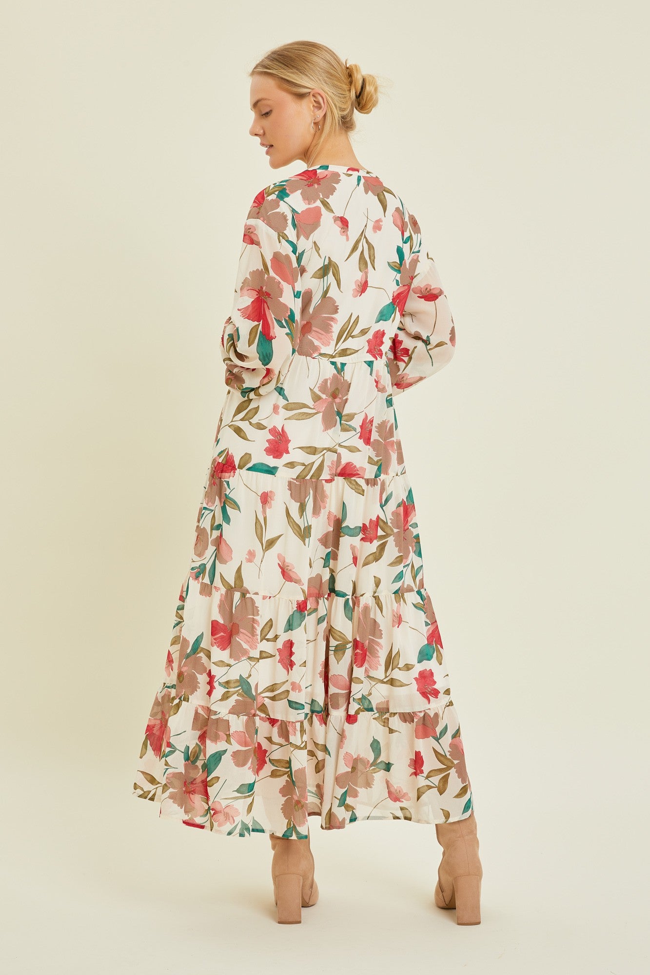 Ivory Floral Button Front Waist Tie Midi Dress