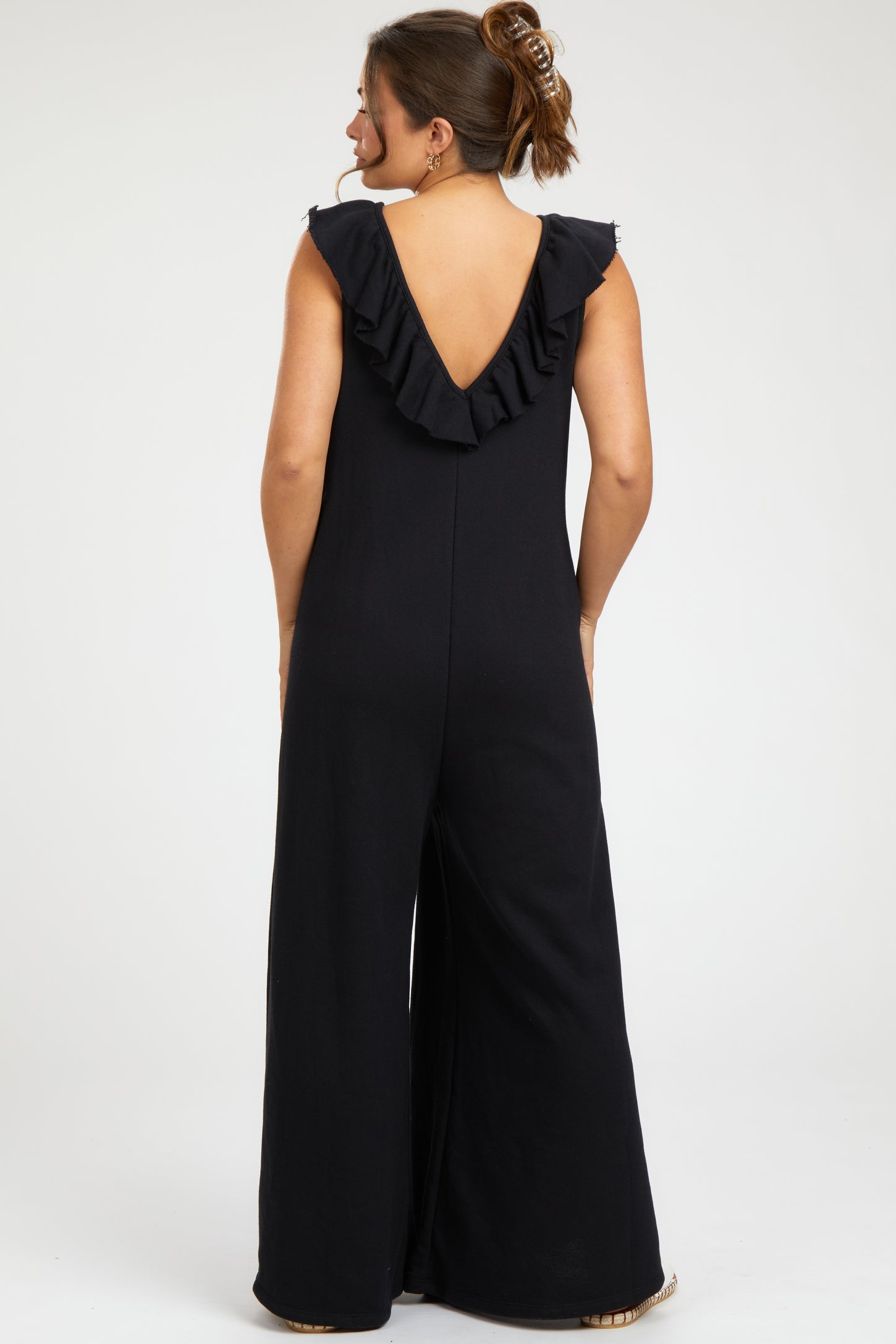 Black Ruffle Accent Wide Leg Maternity Jumpsuit