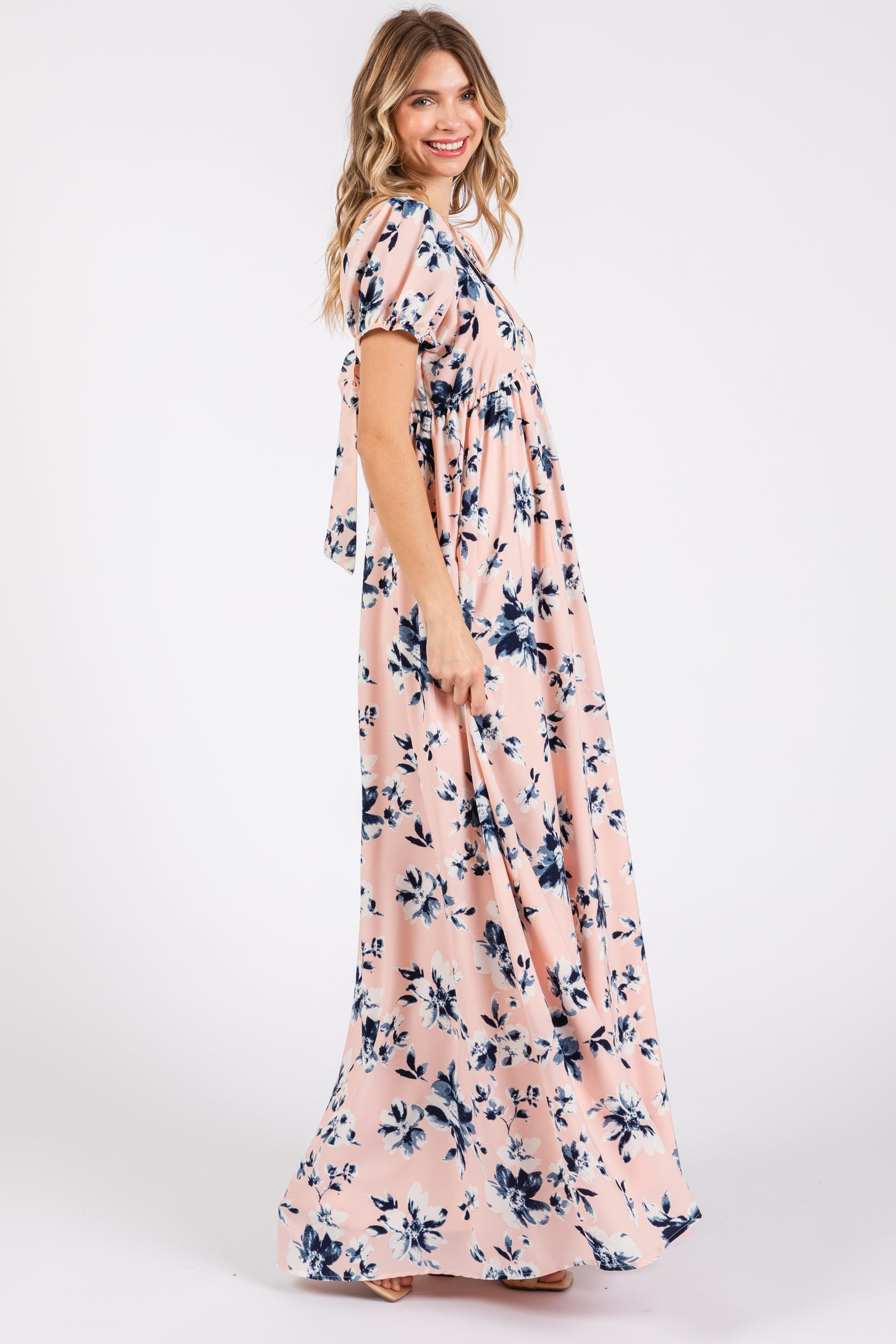 Light Pink Floral V-Neck Puff Sleeve Maxi Dress