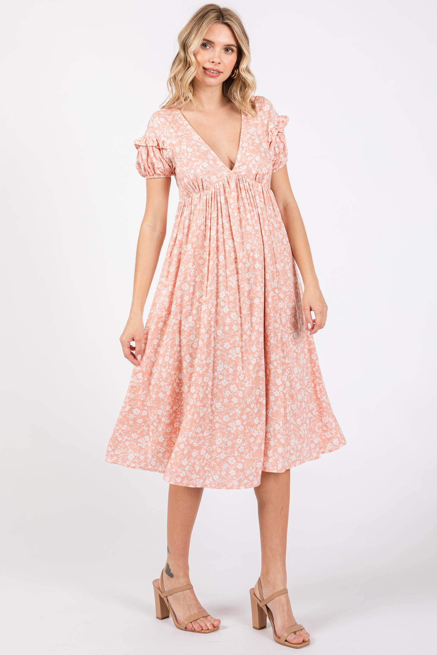 Peach Floral V-Neck Short Sleeve Maternity Dress
