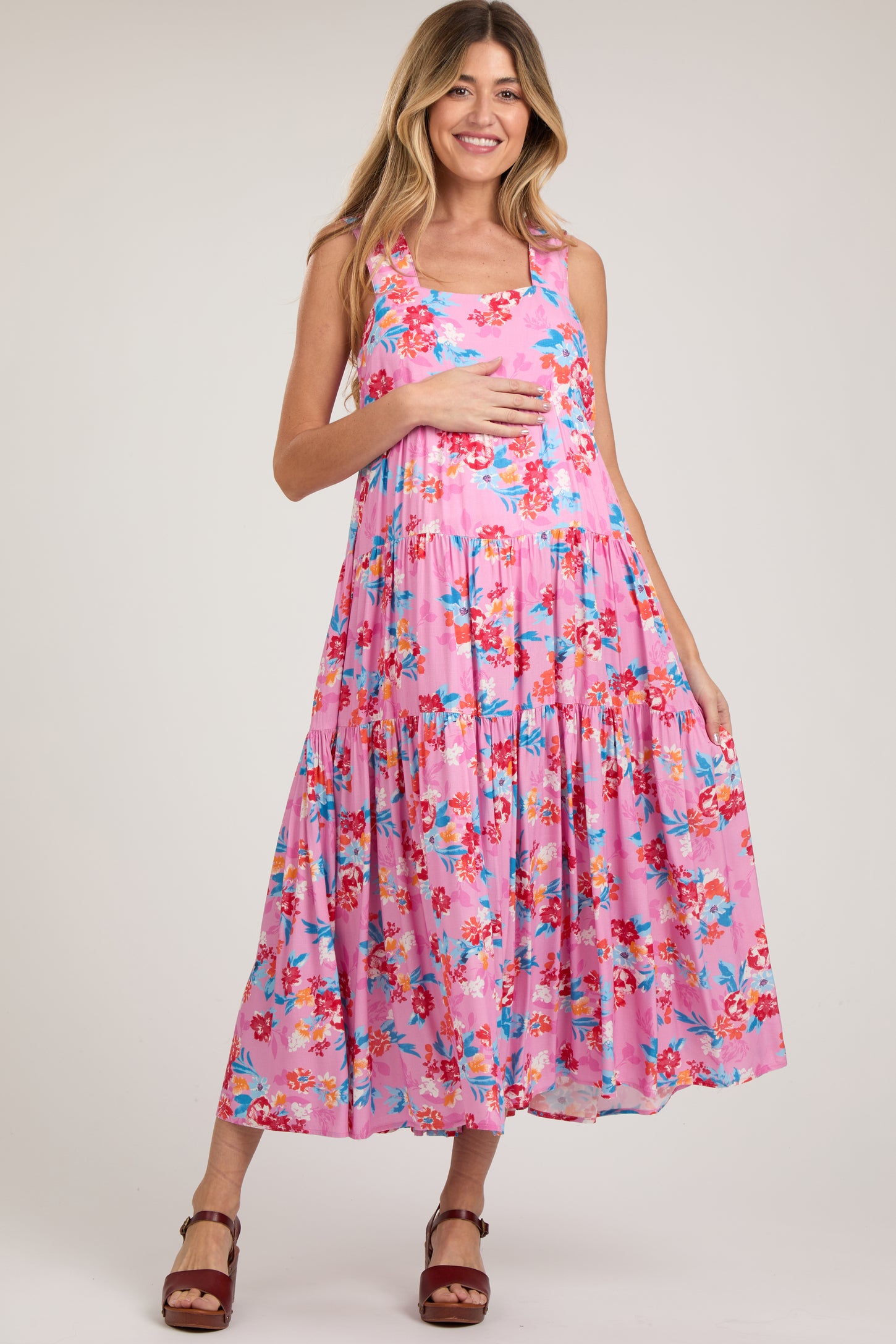 Pink Floral Sleeveless Tiered Maternity Maxi Dress