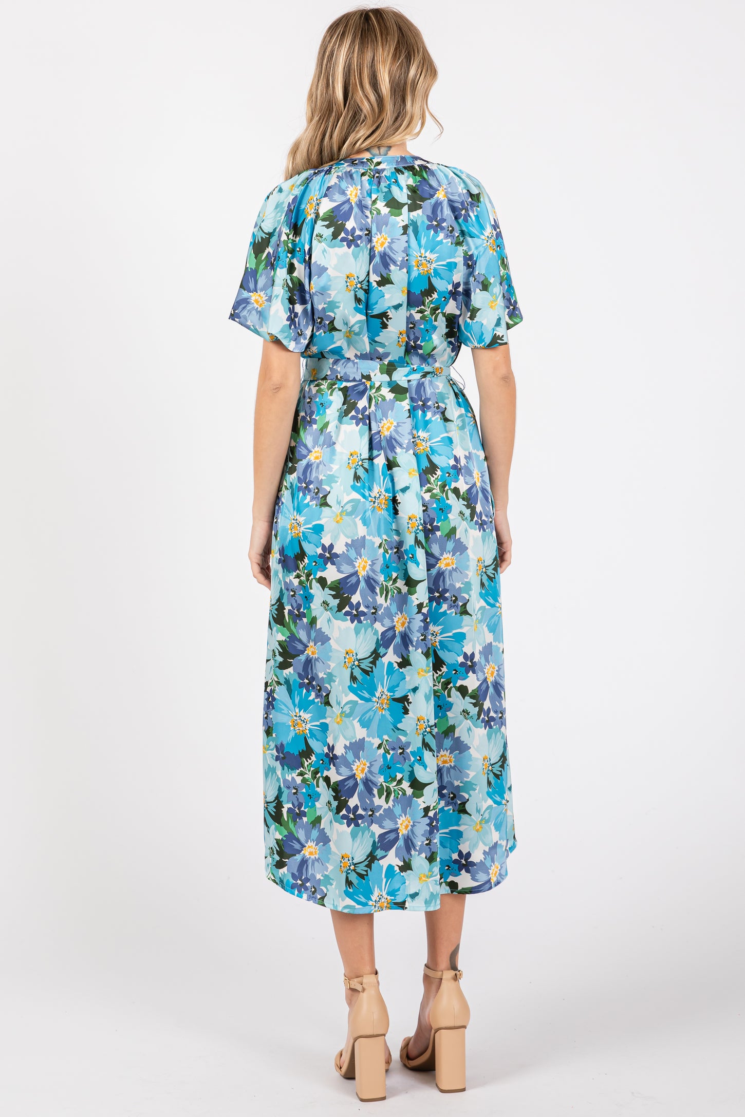 Blue Floral V-Neck Short Puff Sleeve Tie Waist Satin Midi Dress
