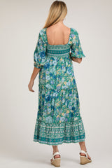 Teal Floral Smocked Half-Length Sleeves Maternity Midi Dress