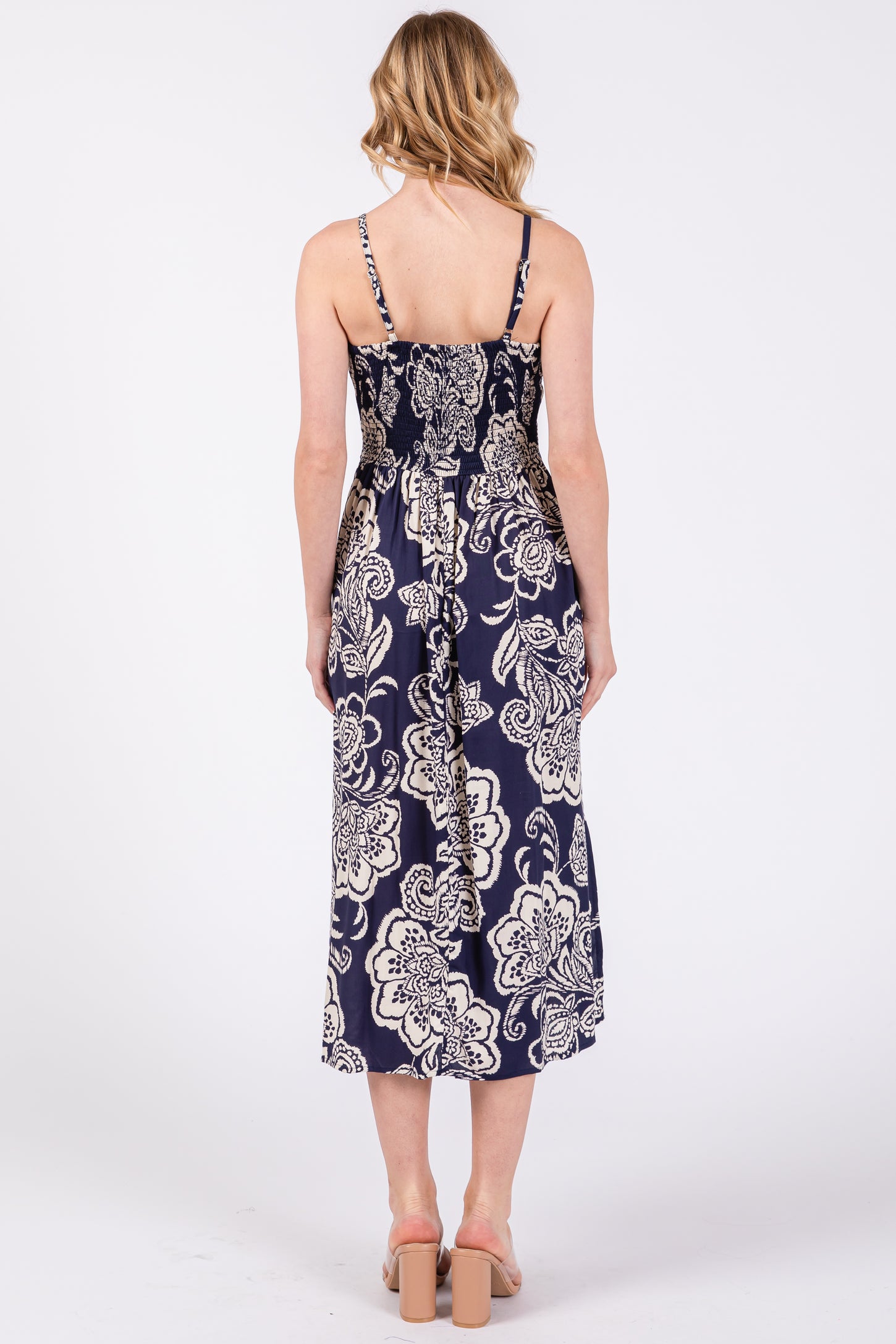 Navy Floral Front Twist Midi Dress