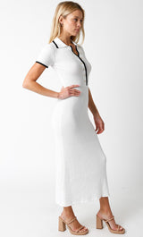 White Ribbed Knit Collared Button Front Dress