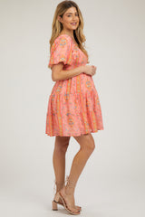 Pink Floral Smocked V-Neck Short Puff Sleeve Maternity Dress