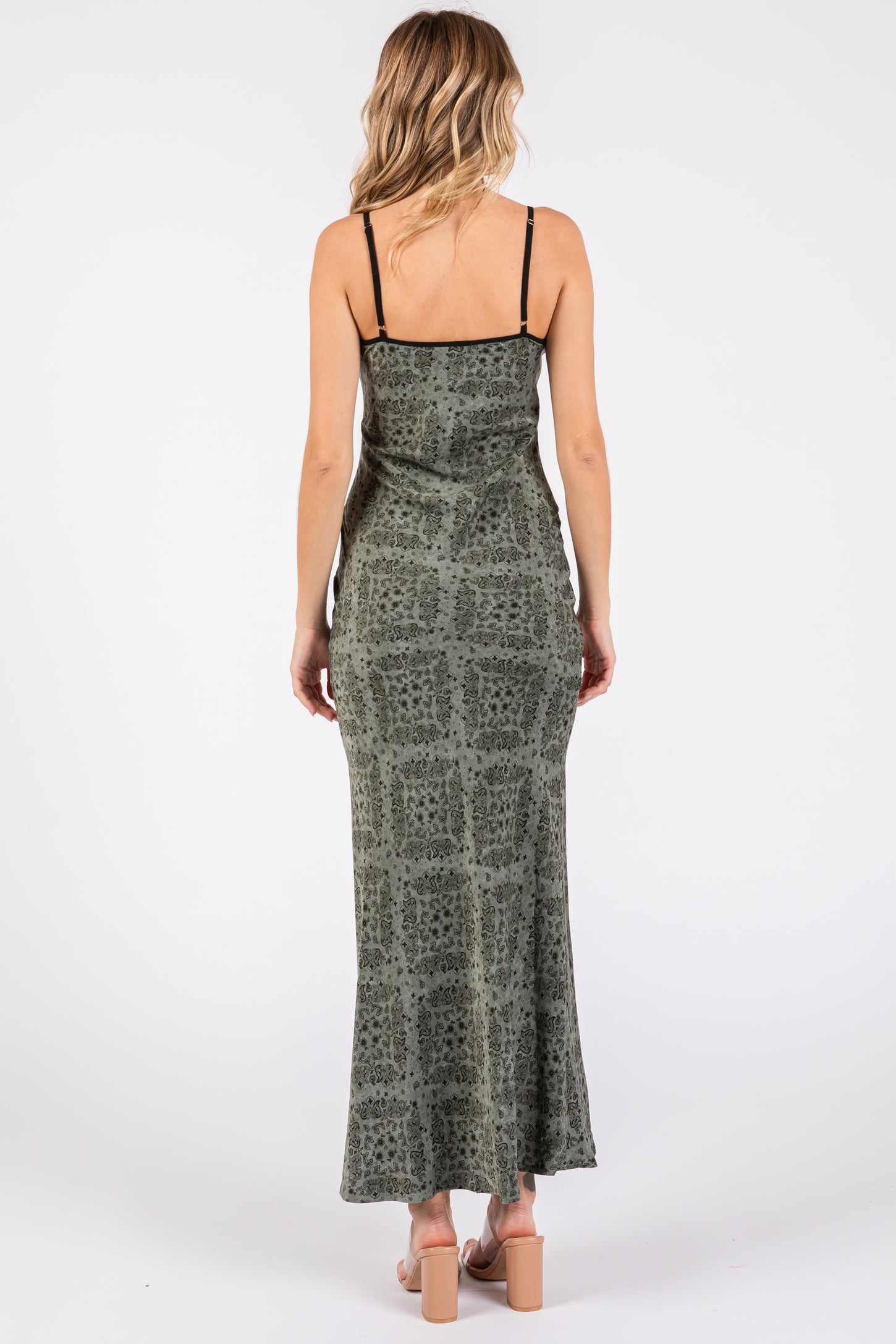 Light Olive Floral Paisley Velvet Tie Satin Midi Dress