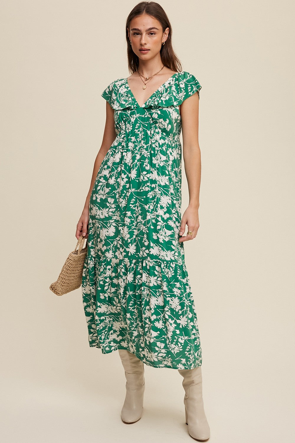 Green Floral Ruffle Maternity Midi Dress