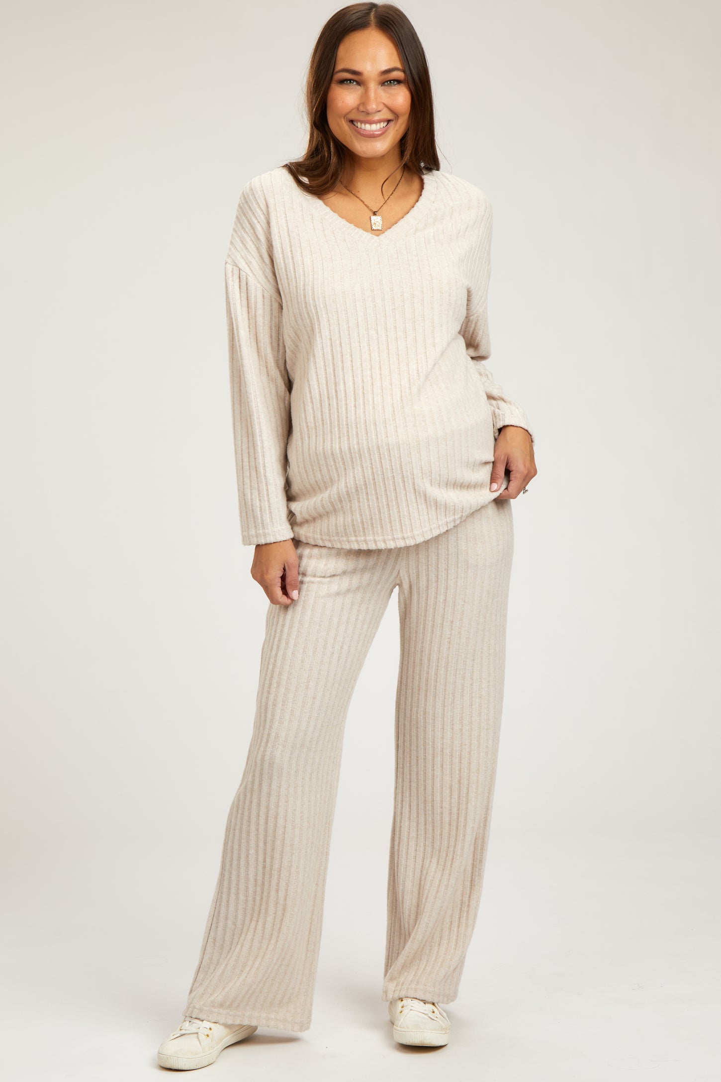 Cream Ribbed Soft Knit Long Sleeve Maternity Pajama Set