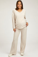 Cream Ribbed Soft Knit Long Sleeve Maternity Pajama Set
