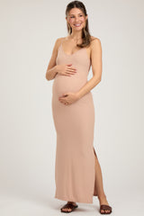 Beige Ribbed Side Slit Maternity Maxi Dress