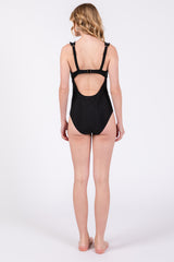 Black Ruched Scalloped One Piece Swimsuit