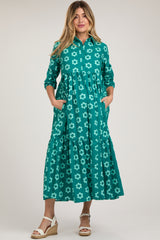 Emerald Floral 3/4 Sleeve Collared Maternity Maxi Dress