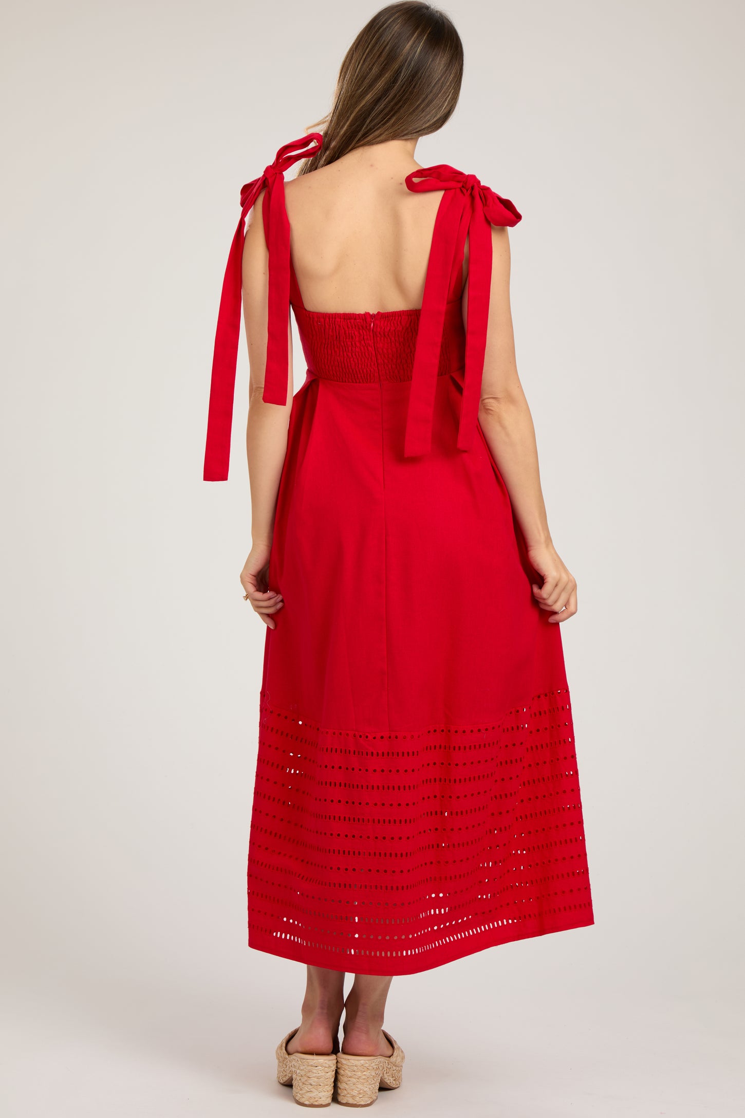Red Linen Square Neck Shoulder Tie Eyelet Hem Maternity Midi Dress