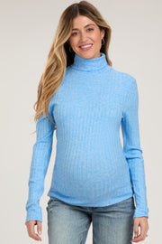 Light Blue Ribbed Long Sleeve Maternity Turtle Neck Top