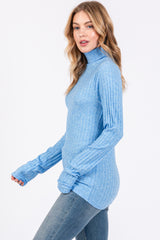 Light Blue Ribbed Long Sleeve Turtle Neck Top